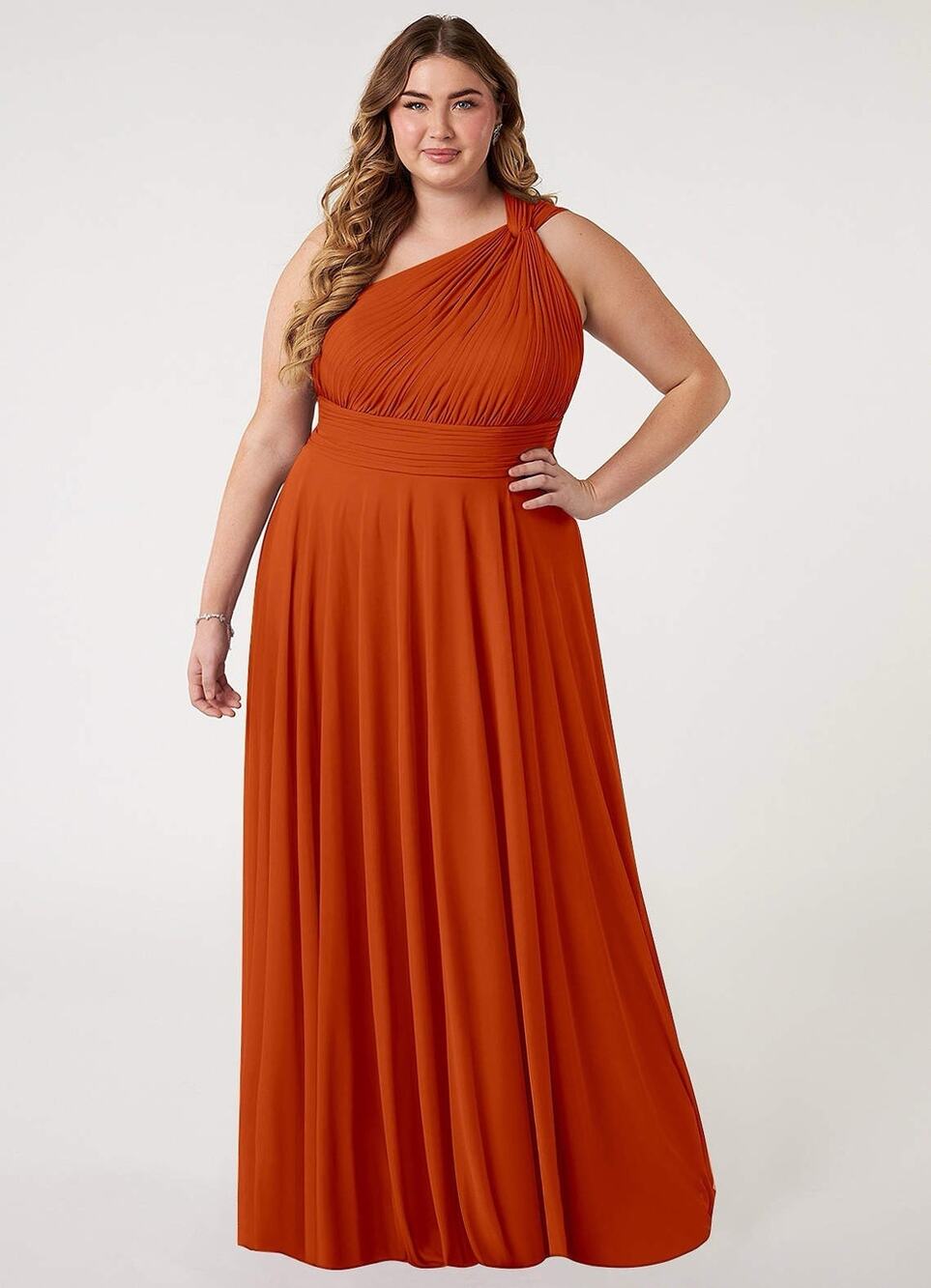 AZAZIE CHARLIZE A-Line One Shoulder Mesh Floor-Length Dress Orange A14